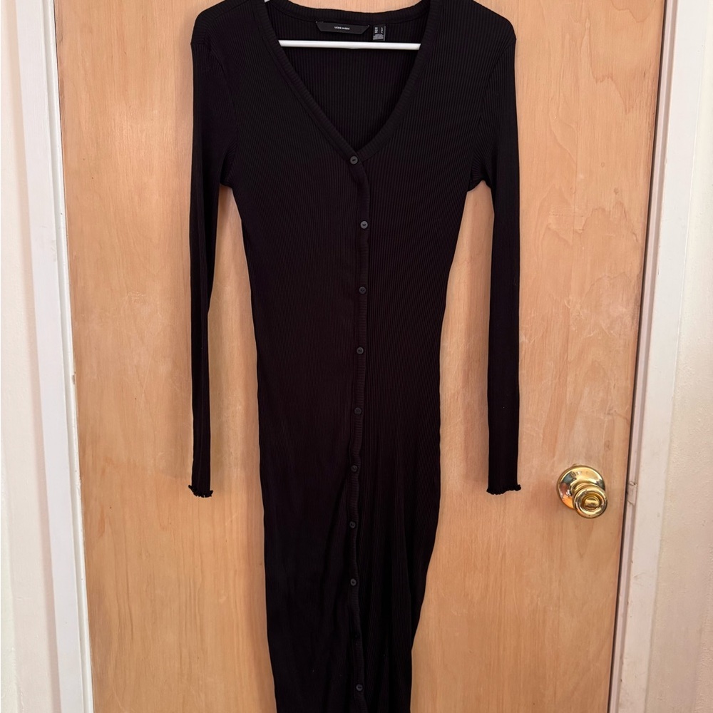 Vero Moda Black Long Sleeve Ribbed Midi Dress